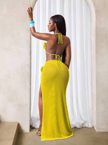 BamGleam 女士3D立体花卉装饰露脐吊带上衣和开衩裙性感两件套 - 黃色 - 查看 2