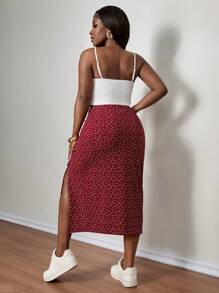 SHEIN PETITE CURVE Plus Size Women 2pcs Set - Solid Color Cami Top And Polka Dot Print Drawstring Hem SkirtSummer Outfits For Women Two Piece Skirt Set Summer Skirt Set, Summer Outfits For Women, Suitable For People Of Shorter Stature