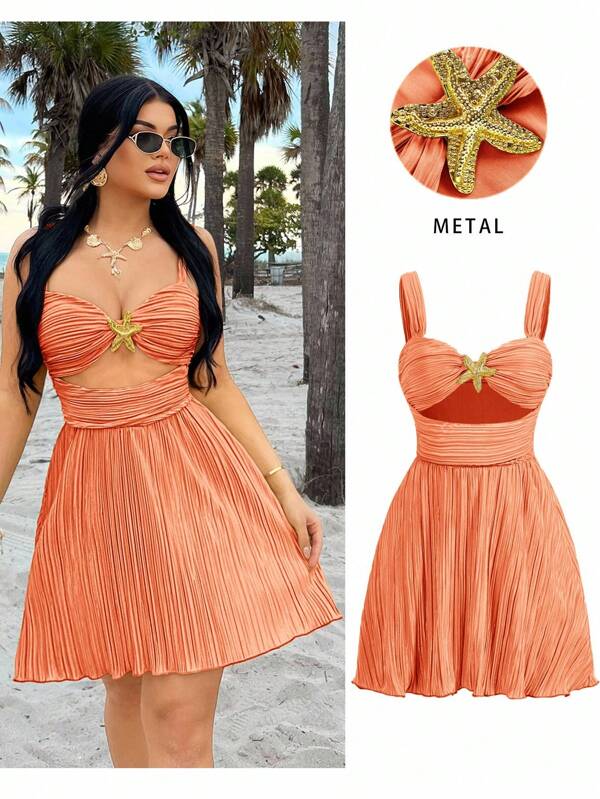 SHEIN SXY Plus Size Women's Sexy Holiday Green Pleated Fabric Waist Hollow Starfish Metal Decor Dress, Suitable For Early Spring, Spring And Summer, Rainforest, Beach Party, Seaside Vacation, Bonfire Party, Cool And Light, Slim Fit, Comfortable To Wear, Easy To Match & Looks Slim, Accentuate Your Body, Flatter The Figure