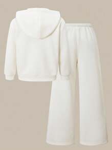 SHEIN Explorewe 2 Stücke Tween Mädchen Lässig Kapuzen-Reißverschluss Locker Bedruckter Sweatshirt und Elastischer Taille Weite Bein Hose Set, geeignet für Frühling/Herbst, Lässig, Urlaub, Straße, Pendeln, Sport - Aprikosenfarben - Übersicht 7