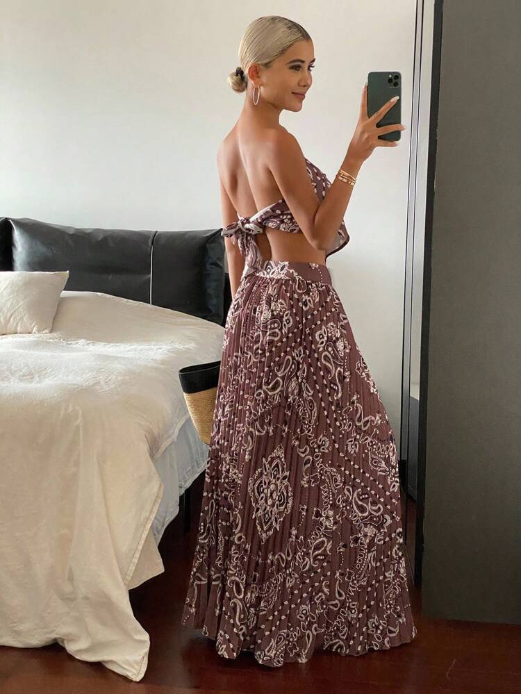 2pcs/Set Women Floral Print Bandeau Maxi Skirt Casual Vacation Outfit, Autumn Cruise Outfit For Women Boho