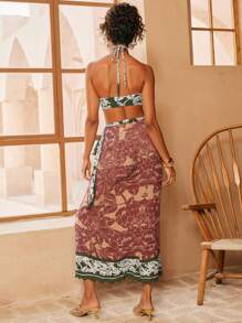 Swim Oasis 3件套女士海滩度假双面印花抹胸比基尼套装（含长款罩衫） - 彩色 - 查看 2