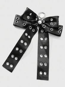 ROMWE Grunge Punk 1pc Y2K Style Retro Punk Chic High-End Black Leather Double-Row Hollow Air Hole Faux Pearl Bow DIY Keychain Bag Pendant, Suitable For Women Girls Everyday Wear, Holiday Gift - Black - View 4