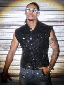 AXEPEAK 男士夏季时尚水钻装饰无袖牛仔上衣 - 黑色 - 查看 6