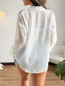 SHEIN Swim Women Sexy Romantic V-Neck Button Long Sleeve Blouse For Summer Beach Vacation