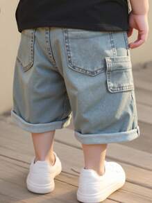 Baby Boy Y2K Vintage Wash Wide Leg Loose Denim Shorts,Black And White,Summer,Casual,City Break Comfortable Fashionable Daily Wear Boys Summer Shorts - Medium Wash - View 5