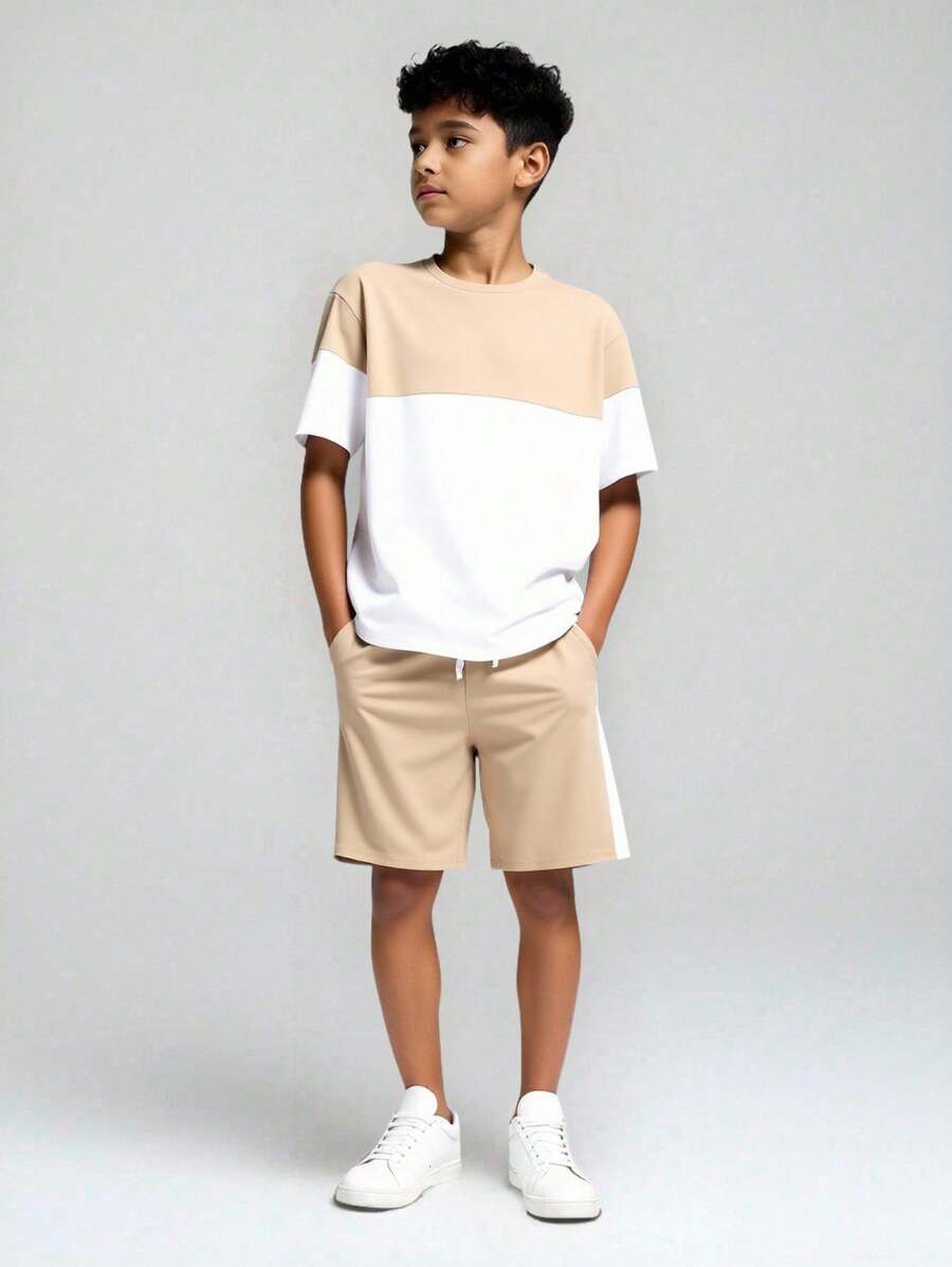 2 件青少年男童休闲日常搭配宽松拼布圆领短袖 T 恤和短裤两件套 - 彩色 - 查看 1