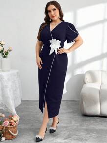 Modelyn Vestido ajustado elegante de talle alto con cuello en V para mujer de talla grande