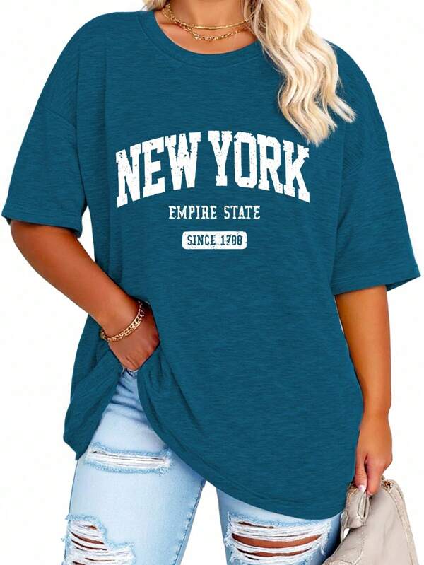 EMERY ROSE Plus Size Women's Casual Loose New York Letter Printed Short/Long Sleeve Round Neck T-Shirt