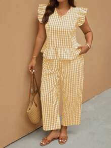 Elaquor 2pcs Plus Size Women's Checkerboard Cap Sleeve Summer Ruffle Hem Top And Pants Set - Yellow - View 5
