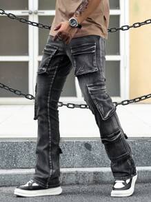 Manfinity EMRG 男士休闲日常紧身牛仔马蹄裤 - 灰色 - 查看 5