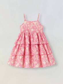 Maija Kids Maija Kids 2件套少女花卉层叠荷叶边吊带连衣裙（带防尘罩） - 粉色 - 查看 2