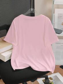 SHEIN 女士夏季字母刺绣圆领短袖休闲修身T恤 - 粉色 - 查看 2