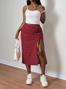 SHEIN PETITE CURVE Plus Size Women 2pcs Set - Solid Color Cami Top And Polka Dot Print Drawstring Hem SkirtSummer Outfits For Women Two Piece Skirt Set Summer Skirt Set, Summer Outfits For Women, Suitable For People Of Shorter Stature