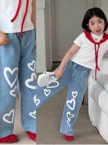 Young Girl Denimly Fashionable Casual Cute Heart Print Outdoor Elastic Waist Washed Denim Jeans, Summer Jeans,Heart Print, Summer, Girl,Must Have Daily Fashion Item