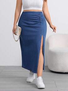 Firerie Minifalda de mezclilla talla grande, azul, con pliegues laterales, abierta y elástica, informal