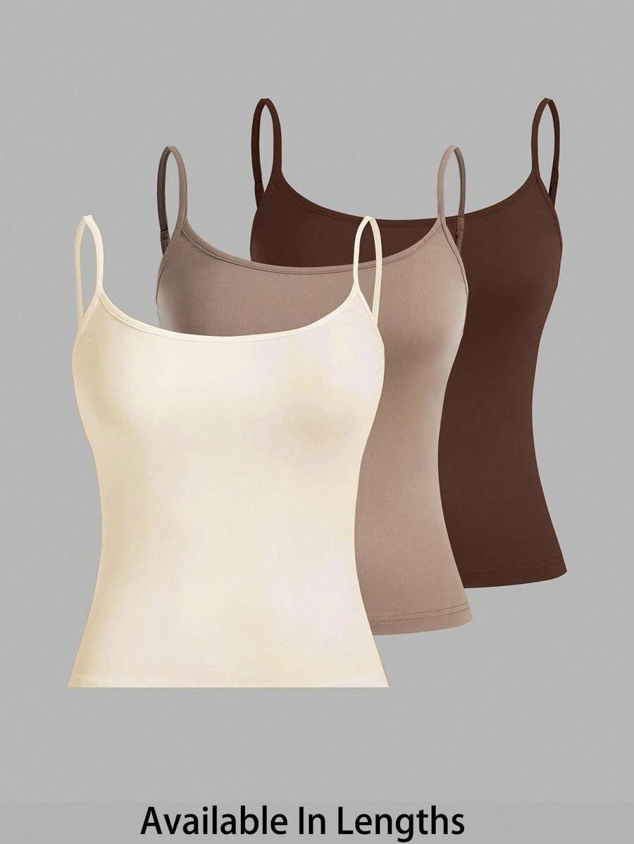 SHEIN PETITE CURVE 大码女式三件套紧身休闲背心（细肩带） - 棕色 - 查看 1