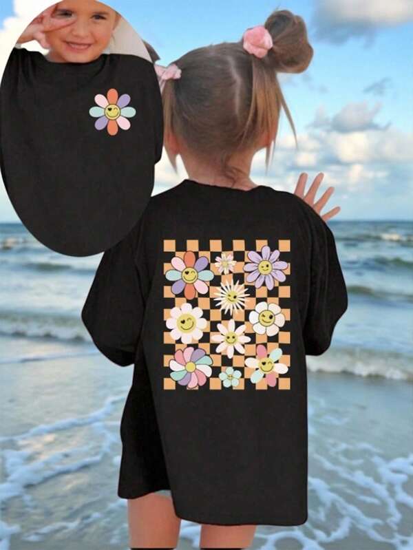 SHEIN GraphicGems Young Girl Casual Checkered Colorful Flower Printed Short Sleeve T-Shirt With Drop Shoulder, Summer