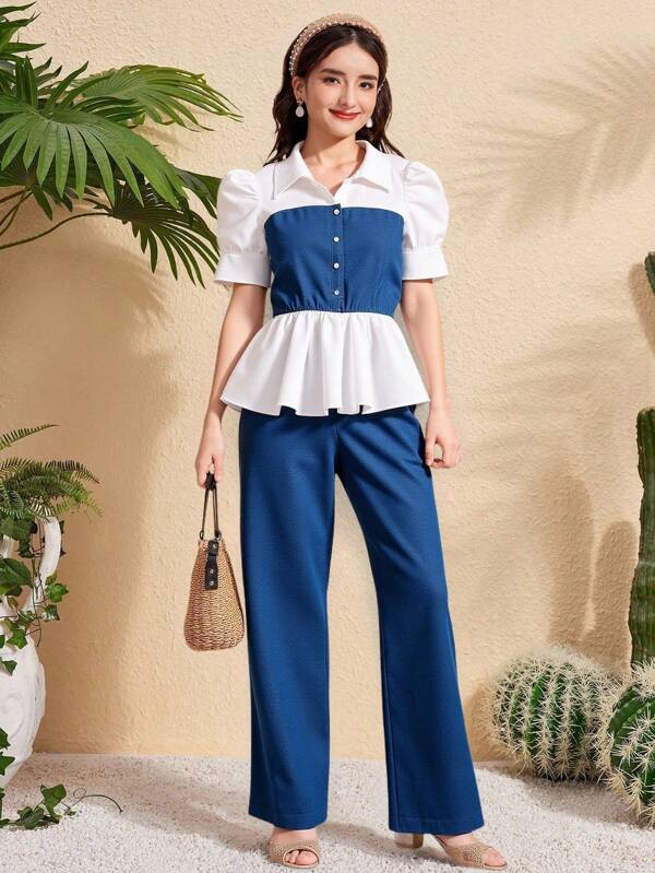 SHEIN 2 Pieces Set: Casual Teen Girls Denim Effect Lapel Short Sleeve Top/Shirt + Solid Color Denim Effect Minimalist Long Pants