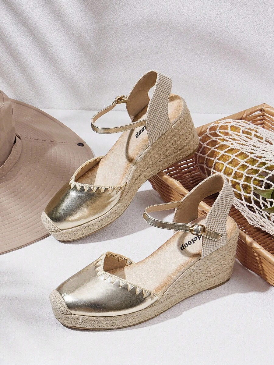 Styleloop Women's Pleated Strap Jute Bottom Platform Wedge Sandals, Bohemian Style - Gold - View 1