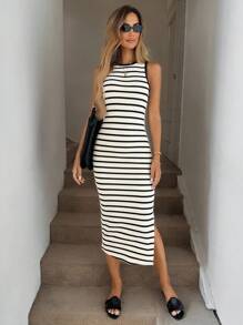 Easowa Black & White Striped Slim Side Slit Mid-Length Dress, Casual Vacation & Office Outfit, Spring/Summer Business Casual Woman Cute Summer Dress,Vacation Outfits Women - Black and White - View 5