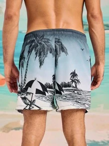 Manfinity Swimmode 男士松紧腰抽绳宽松休闲棕榈树印花沙滩裤