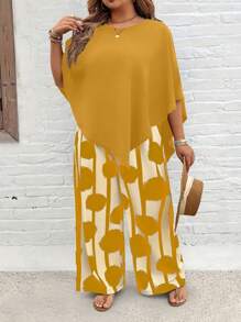 EMERY ROSE Plus Size Vacation Casual Solid Shirt And Striped Circle Print Pants Set - Multicolor - View 7