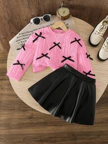 SHEIN LMoss Kids LMoss 女童休闲毛衣蝴蝶结装饰&纯色编织PU皮休闲裙套装，适合日常穿着。女童两件套裙装，女童毛衣套装，粉色毛衣搭配黑色裙子套装，女童返校季裙装套装，女童两件套粉色裙子套装，蝴蝶结针织粉色毛衣搭配粉色毛衣，女童粉色和黑色套装，女童套装，女童秋冬服装套装 - 粉色 - 查看 7