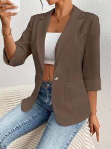 Franclia Plain Simple Style Casual Office Blazer Jacket, Spring And Summer Maillard Style Clothes For University - Coffee Brown - View 6