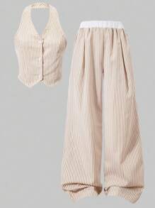 Sparklyn 2pcs Teen Girls Outfit, Sleeveless Cardigan Vest With Striped Tank Top And Loose Striped Wide Leg Pants Set, Casual Two Pieces Suit For Summer