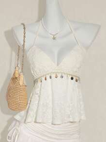 SHEIN ICON Top tipo halter casual de unicolor con colgante de concha como decoración