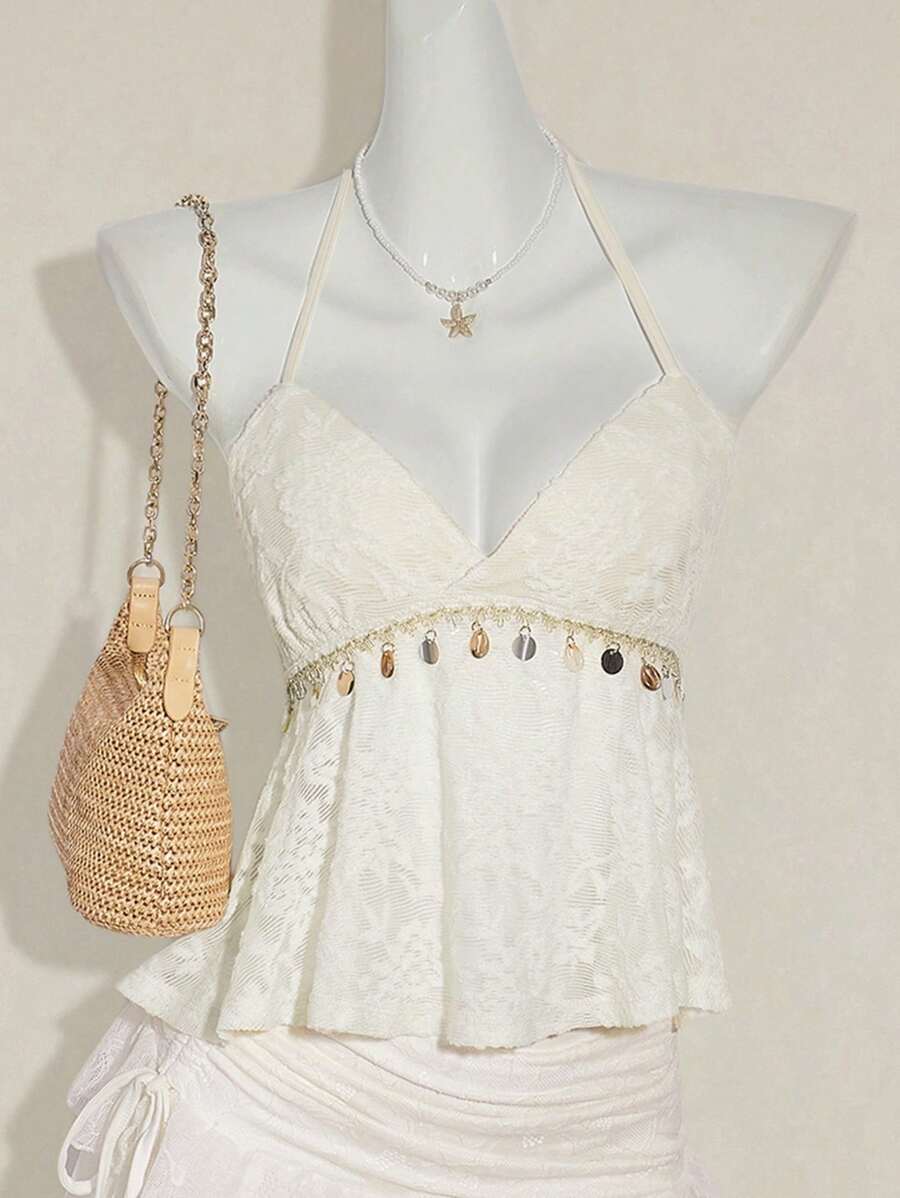 SHEIN ICON Top tipo halter casual de unicolor con colgante de concha como decoración