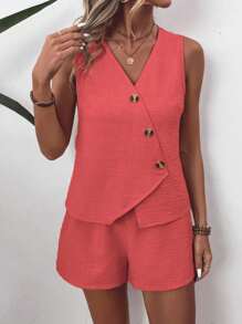 EMERY ROSE 2 Pieces Women Solid Color Sleeveless V-Neck Top And Shorts Set - Watermelon Pink - View 1