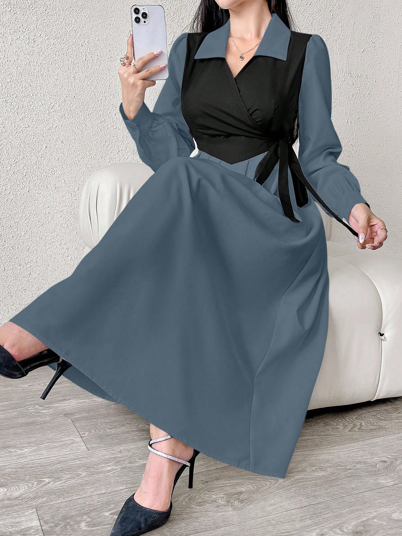 Modelyn فستان طويل أنيق للنساء ذو تصميم كتل اللون...