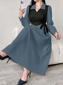 Modelyn 优雅女士秋季拼色不对称系带侧裙长款女士服装 - 藍色 - 查看 1