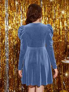 Vestido corto de terciopelo azul con escote en V y mangas farol para fiestas/graduación de chicas adolescentes - Celeste - Ver 2