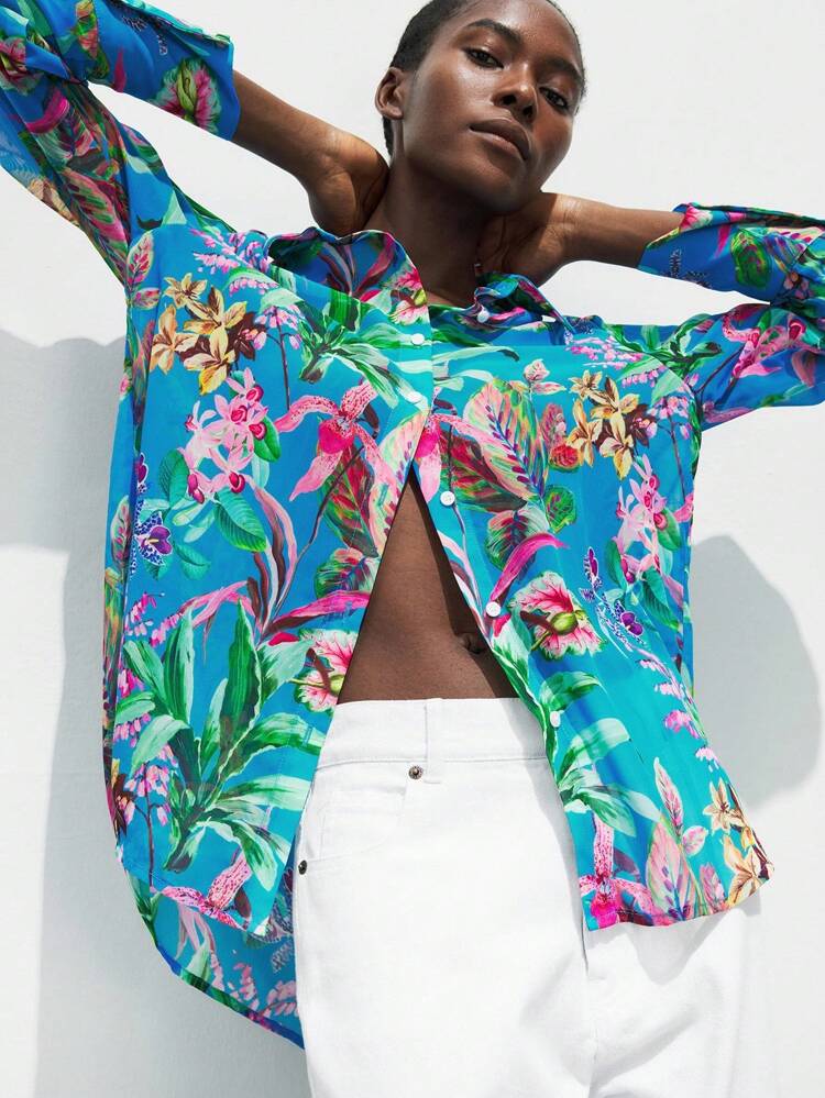 SHEIN Maija Blue Printed Pattern Loose Long Sleeve Chiffon Blouse For Women, Bohemian Holiday Beach Casual Loose Shirt,Halloween