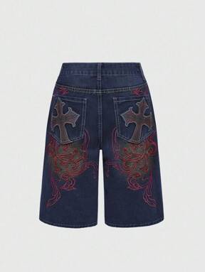 Grunge Punk Women's Summer Fashion Cross Embroidery Denim Shorts