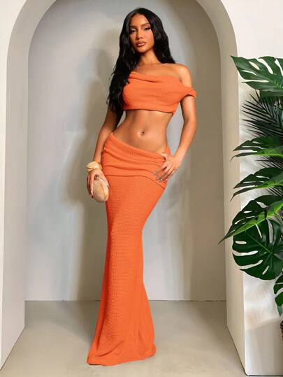 SHEIN SXY Summer Casual Elegant Vacation Solid Color Apricot Crochet Grid Set, Asymmetrical Shoulder Exposed Shoulder Cropped Top + Folding Waistline Fish-Tail Skirt, 2pcs, Casual Vacation Outfit