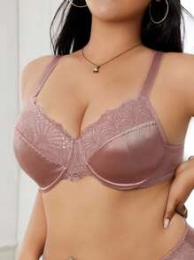 SHEIN Luxurious Dusty Pink Plus Size Bra Featuring Delicate Lace Trim And Supportive Design, Perfect For An Elegant And Confident Feel - Dusty Pink - View 3