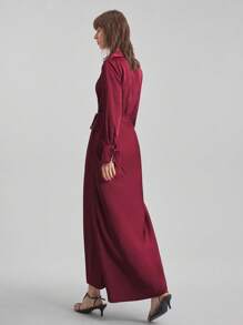 Ontre 2025新款秋季女装酒红色长袖系带领V领收腰宽松休闲通勤商务中长连衣裙，女士商务休闲连衣裙，女士优雅装 - 酒紅色 - 查看 3