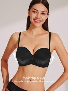 LUVLETTE 女士黑色透气无肩带隐形无缝聚拢钢圈基础款T恤式文胸