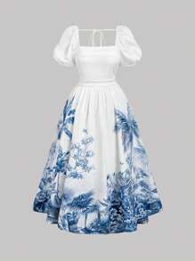 SHEIN MOD Sukienka w dużym rozmiarze z nadrukiem tropikalnych kwiatów i palm, sukienka w stylu casual na wakacje na wyspie Hawaje, lato, niebiesko-biała - Niebieski i biały - Zobacz 1