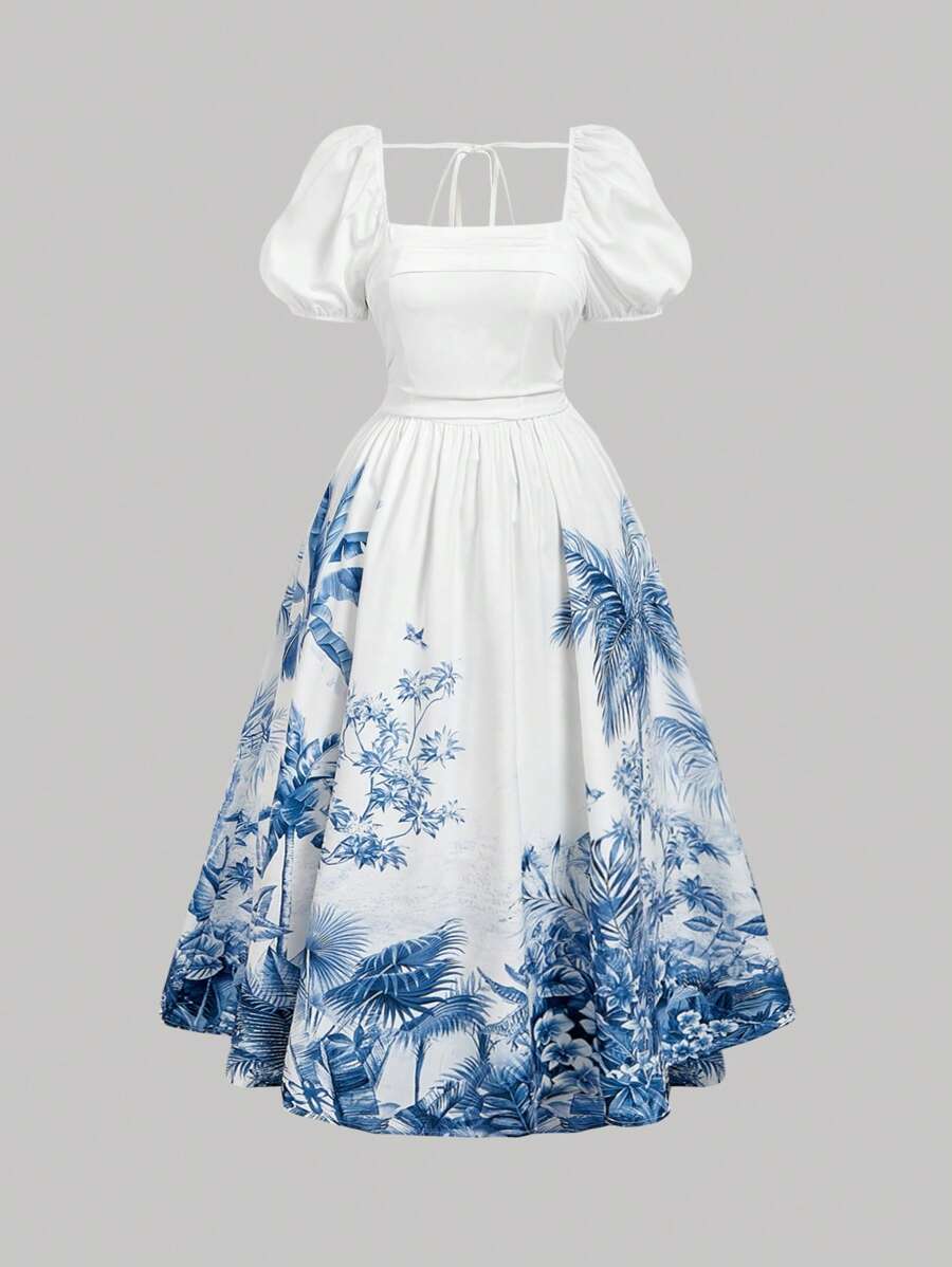 SHEIN MOD Sukienka w dużym rozmiarze z nadrukiem tropikalnych kwiatów i palm, sukienka w stylu casual na wakacje na wyspie Hawaje, lato, niebiesko-biała - Niebieski i biały - Zobacz 1