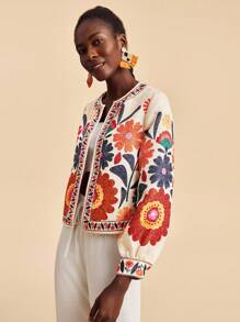 Travachic 杏色梭织面料刺绣长袖花卉外套女绣花夹克女夏季外套花卉印花夹克女式秋冬开衫