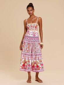 Travachic Boho Midi Dress With Floral Plant Print And Flared Hem For Summer Floral Summer Vacation - Multicolor - View 5