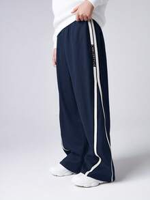 Tween Boy Straight Fit Side Tape Decor Loose Sweatpants,Suitable For Casual,Outdoor Sports,School In Autumn/Winter Wide Leg Pants,Baggy Navy Blue - Navy Blue - View 3