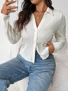 SHEIN Frenchy V-Neck Textured Plus Size Casual Fall Clothes T-Shirt, White - White - View 1