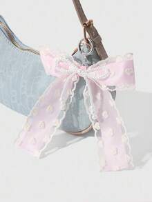 ROMWE Kawaii 1pc INS Korean Style Delicate & Sweet Versatile Minimalist High-End Handmade Beaded White Faux Pearl Net Lace Embroidered Heart-Shaped Pink Ribbon Bow DIY Keychain Bag Charm, Suitable For Women, Daily Wear, Holiday Gift - Pink - View 2