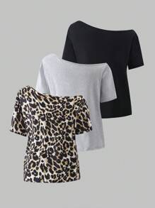 Casual All-Match Versatile Sporty Cropped Shoulder Loose Short Sleeve T-Shirt, Leopard Print Assorted Pack, For Teenage Girls